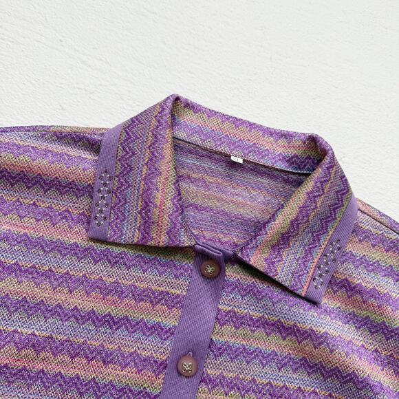 Purple Zigzag Metallic Stripe Knit Button Up Rhinestone Collar, Size XL - Picture 4 of 8